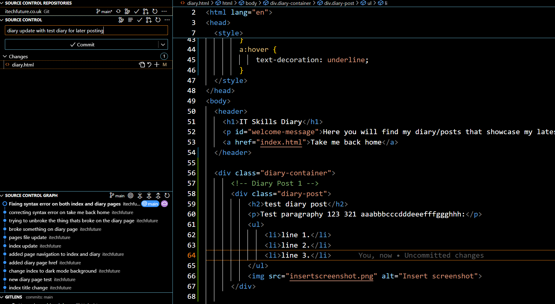 example of using VS Code to make changes to diary posting page